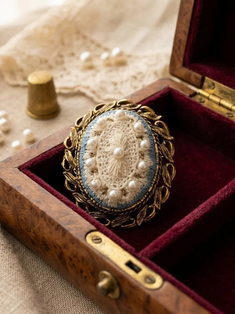 Vintage Gold Tone Crochet & Faux Pearl Oval Brooch | Victorian Revival